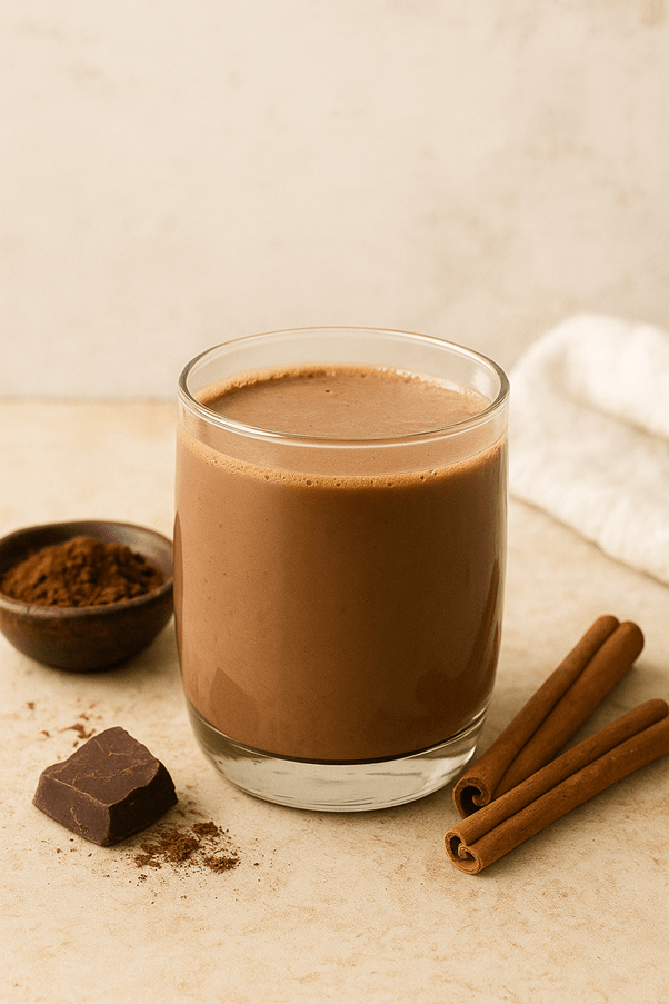 Cup of steaming Jamaican chocolate tea with cinnamon stick garnish