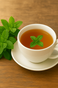 A cup of steaming peppermint mint tea with fresh mint leaves on the side, ready to drink.